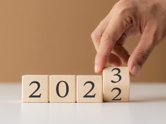 2023 new year goal planning idea, wood block cube with new year