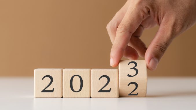 2023 new year goal planning idea, wood block cube with new year
