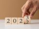 2023 new year goal planning idea, wood block cube with new year