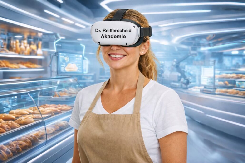 Verkäuferin in der Bäckerei mit VR-Brille der Dr. Reifferscheid Akademie